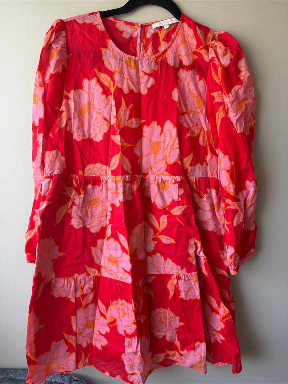 Olivaceous Red Tiered Dress Pink Orange Floral Print cotton lined fall M